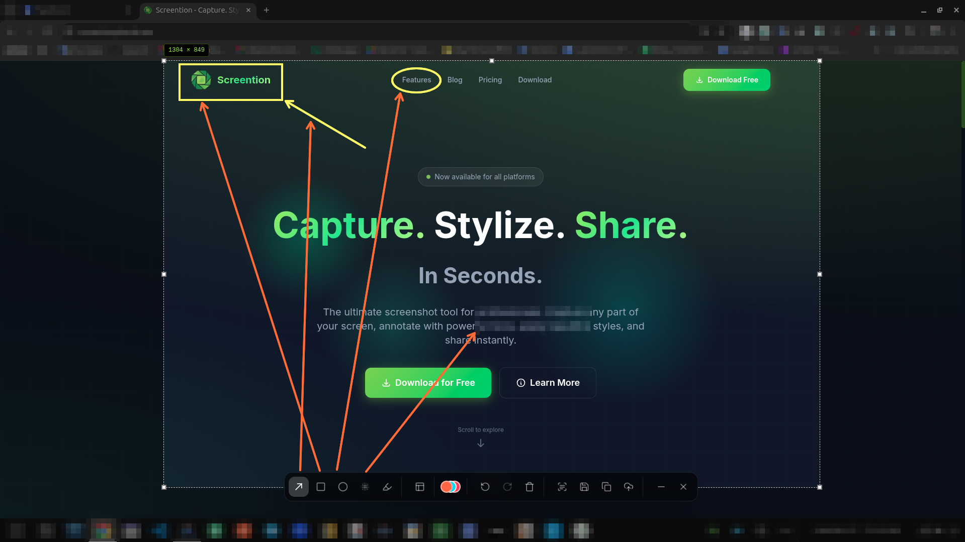 Screention region capture showing dimension indicator and selection