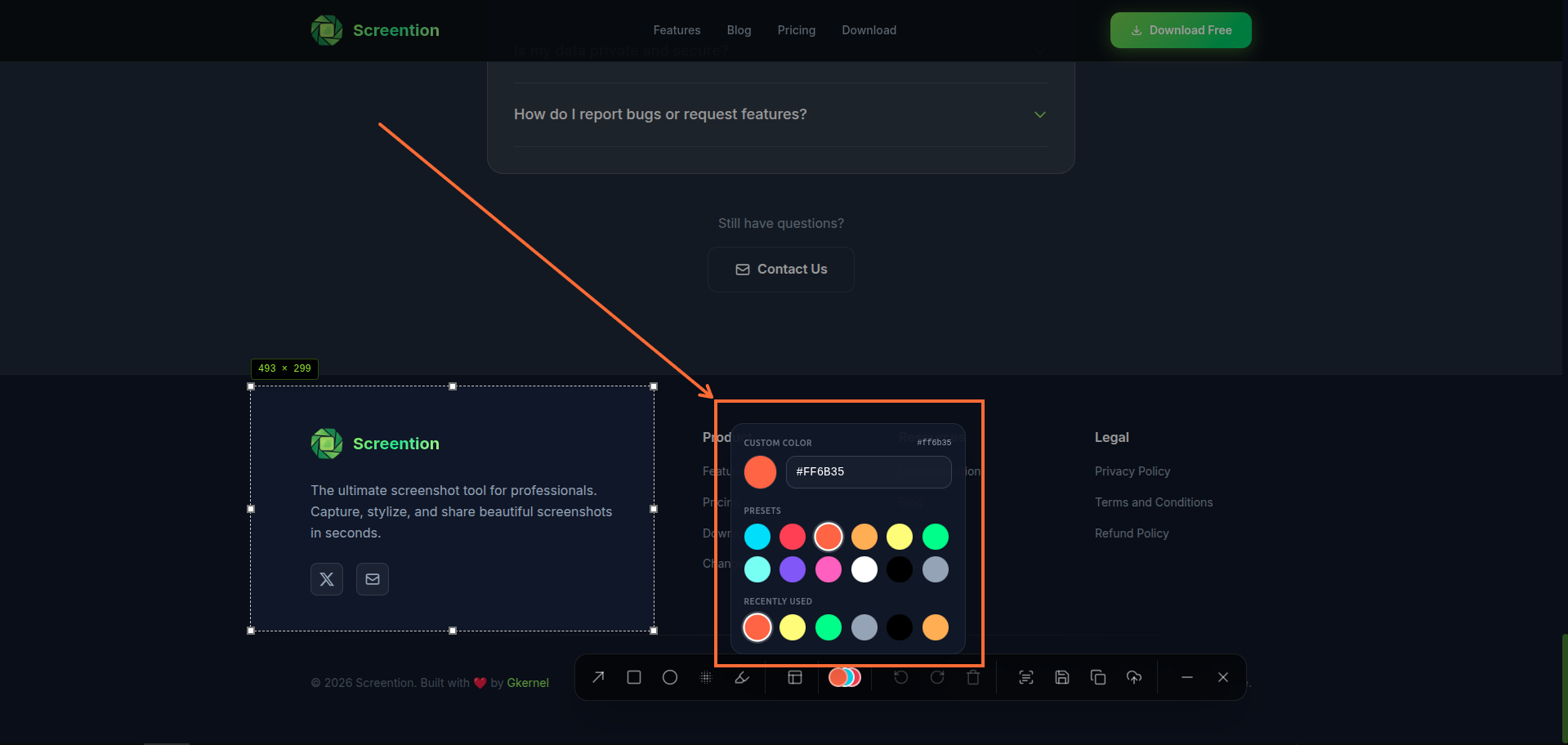 Screention custom color picker with presets and hex input