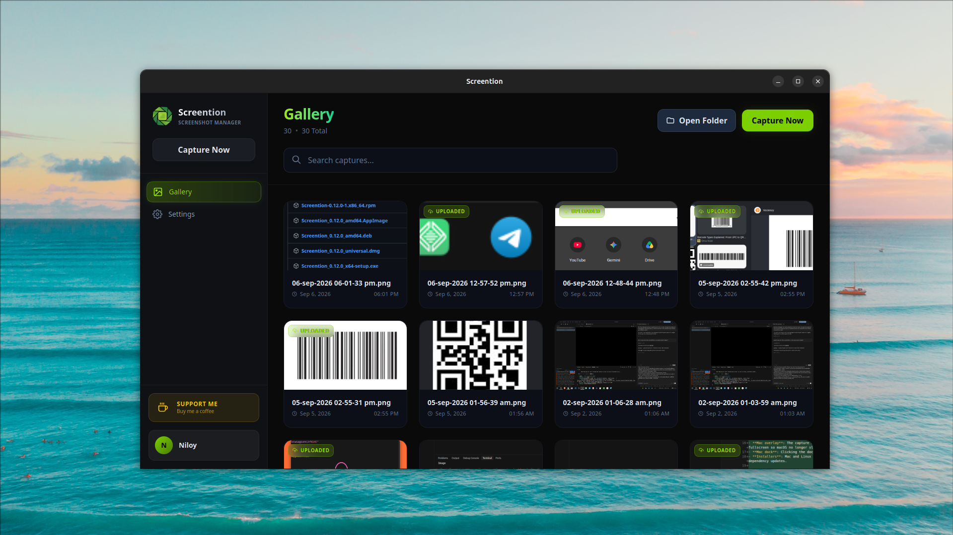 Screention gallery interface with screenshot previews